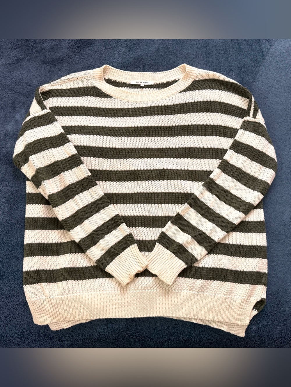 Emerson Fry Olive & White Striped Carolyn Crewneck Sweater S - Picture 3 of 8